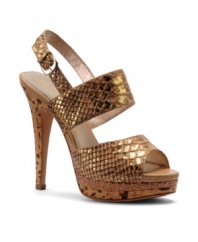 Elegance with an edge. Show off your wild side with the snake-print Damani platform sandals by Isola.
