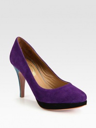 On-trend colorblock suede silhouette with a tall heel and platform. Self-covered heel, 3½ (90mm)Suede platform, ¾ (20mm)Compares to a 2¾ heel (70mm)Suede upperLeather lining and solePadded insoleImportedOUR FIT MODEL RECOMMENDS ordering one half size up as this style runs small. 