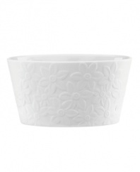 Darling florals are intricately sculpted in this white porcelain candy bowl for a clean, beautiful way to present your most delectable treats. From Lenox.