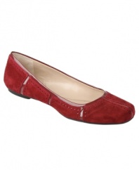 Polished patent leather trim and chic perforated detailing uniquely update Franco Sarto's classic round-toe Keira flats. Crafted in suede or flannel fabric and and available in a choice of colors, they're a versatile addition to your work and weekend wardrobes.