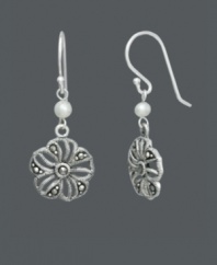 Perfect your look with polish and poise. Genevieve & Grace earrings feature a dainty flower that shines with the addition of marcasite and a single cultured freshwater pearl accent (4 mm). Crafted in sterling silver. Approximate drop: 1-1/2 inches.