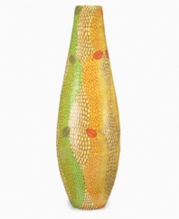 Haitian artist Yvette turns discarded paper bags into a thing of beauty, sculpting and painting this most ordinary material into the beautiful Oval vase. Tall and sleek with spots of green, brown and yellow, it's ideal for long stems of dried flowers or fall branches.