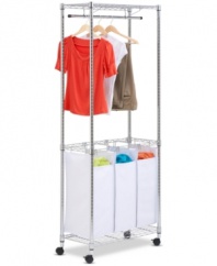 Sort your stuff-organize that mess around the corner with this smart & compact laundry solution. Set on wheels, this portable center goes where you need it most & features ample hanging space, plus three removable, washable bags for separating the colors, the whites and the wild cards.