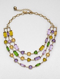 Add a touch of color with this pretty multicolored, faceted design in a feminine multi-row design. Glass and plastic stones12k goldplated brassLength, about 16Lobster clasp closureImported 