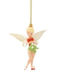 A determined Tinkerbell waits for her mistletoe moment in this dream-come-true Christmas ornament for kids and adults alike. With a dusting of gold in her wings and a festive holiday party frock. Qualifies for Rebate