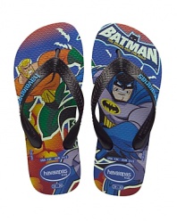 Summery thong sandals with super hero print on the footbed.