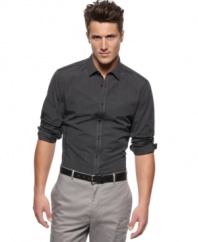 This dark woven shirt is a modern take on the pinstripe to make a bold boardroom impression.