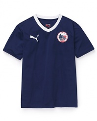 Is he a team player? The USA tee from PUMA brings classic sporty style with choice accents, like the banded v neckline and team crest patch at the chest.