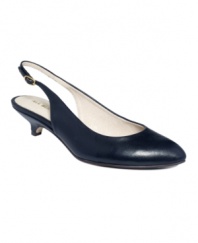Barefoot Tess' Huron slingback pumps are a sensible, stylish option for your workday wardrobe. Made in leather with a pointed-toe silhouette and buckle closure, their low covered kitten heel makes them comfortable from 9 to 5 and beyond.
