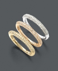 Wear them one at a time, or layer them as high as you please. Three trend-right, stackable rings from Trio by Effy Collection come in 14k gold, 14k white gold, and 14k rose gold with glittery round-cut diamond pave (1 ct. t.w.) dusting the surface.