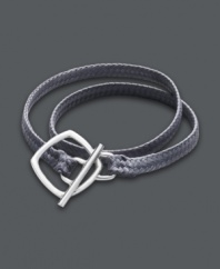 Wrap bracelets are the hottest trend of the season. With its chic, neutral color, this Studio Silver style is sure to complement all your favorite fashions. A synthetic python band wraps twice around the wrist. Square toggle clasp crafted in sterling silver. Approximate length: 7-1/2 inches.