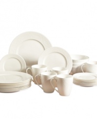 Grab a quick bite or get set for an graceful soiree with Gorham's versatile Callington dinnerware set. Easy-care bone china in classic shapes is draped in raised dots and a timeless white glaze for effortless, anytime elegance.
