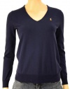 Polo Ralph Lauren Sport Women's Navy Blue V-Neck Pull Over Pima Cotton Sweater- Medium