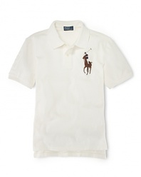 A short-sleeved polo shirt is cut in soft, breathable cotton mesh with a multicolored embroidered Big Pony for a classic look.