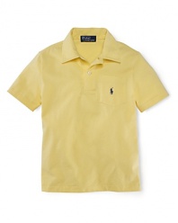 A short-sleeved polo is rendered in soft jersey-knit cotton for a classic look.