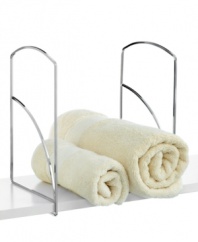 Top shelf! Add even more structure to the way you organize your space with this set of four tall dividers, which make it easy to stack sweaters, towels, linens and more in an orderly fashion. The chrome-finished steel designs securely lock over any solid shelf.
