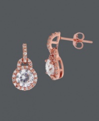 Infuse your look with caramel-kissed shine and a hint of sparkle. B. Brilliant earrings feature a chic, 14k rose gold over sterling silver setting that shines with the addition of round-cut cubic zirconias (2-1/3 ct. t.w.). Approximate drop: 5/8 inch.