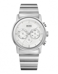 Dress for success with simple style from Hugo Boss. Watch crafted of stainless steel bracelet and round case. Silver tone chronograph dial features applied silver tone stick indices, three subdials, three hands and logo at twelve o'clock. Quartz movement. Water resistant to 50 meters. Two-year limited warranty.