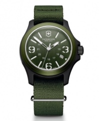 Nature is no match for you. Arm yourself with this ultra-durable watch by Victorinox Swiss Army. Olive green nylon strap and round olive green nylon fiber case with anti-reflective mineral crystal and aluminum bezel. Olive green dial features numerals at three, six and nine o'clock, stick indices, date window, military time, three hands and logo. Swiss quartz movement. Water resistant to 100 meters. Three-year limited warranty.