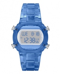 Satisfy your sweet tooth with this Candy watch by adidas. Translucent blue nylon plastic strap and case. Positive display digital dial with gray background features time, date, alarm, chronograph, countdown timer and ten-lap memory. Quartz movement. Water resistant to 50 meters. Two-year limited warranty.