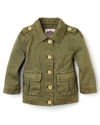 Juicy Couture offers up the softer side of the army look. The military jacket has 3/4 sleeves, rounded collar and pockets and logo buttons along the front.