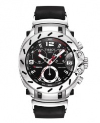 Inspired by moto-racing, the T-Race watch by Tissot blends precision with winning details. The T-Race watch is crafted of black rubber strap and round PVD stainless steel case. Bezel features stick indices. Black chronograph dial features tachymeter scale, minute track, date window at three o'clock, three hands, white numerals at nine and twelve o'clock, three subdials and logo. Swiss quartz movement. Water resistant to 30 meters. Two-year limited warranty.