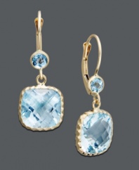 Add a splash of blue to spruce up your wardrobe. Drop earrings feature cushion and round-cut blue topaz (9-3/4 ct. t.w.) set in 14k gold. Approximate drop: 1 inch.