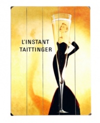 Grace Kelly stands behind Taittinger Champagne. This extraordinary pair, pictured on a handsome wooden sign with vintage styling, brings one-of-a-kind elegance to dining areas.