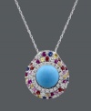 The style this season is all about color! Reinvent yourself with this vibrant design from Carlo Viani. Crafted in 14k white gold, a circular pendant features a turquoise center stone (3-1/10 mm) surrounded by multicolored sapphires (7/8 ct. t.w.) and white sapphires (1/8 ct. t.w.). Approximate length: 18 inches. Approximate drop: 3/4 inch.