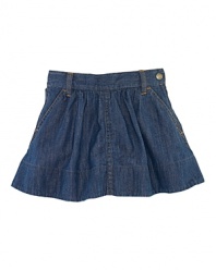A stylish flared mini-skirt is rendered in classic dark-wash denim for classic girly style