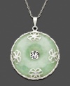 The look of ultimate serenity. This peaceful style highlights a circular jade stone (25 mm) with an intricate floral overlay in sterling silver. Approximate length: 18 inches. Approximate drop: 1-1/4 inches.