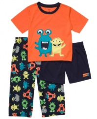 There's no monsters under the bed, they're on his clothes! Bedtime will feel fun and safe with this graphic shirt, short and pant sleepwear set from Carter's.