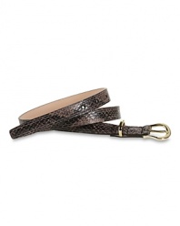 Make a like a glamour girl and cinch your waist with Cole Haan's skinny snake-embossed belt. Dressed up or down, this accessory tips the scales on sleek chic.