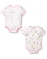 Pointy-eared bunnies adorn one bodysuit and contrast trim livens up the solid bodysuit in this two pack from Absorba.
