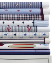 Pattern perfect. Bold prints and primary hues bring fresh, all-American flair to your bedroom with these extra-soft Tommy Hilfiger sheet sets. Featuring pure ringspun combed cotton.
