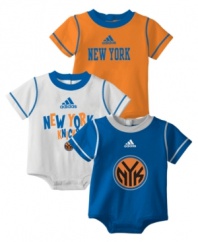 Start your little fan on sports early. He'll show off his team pride in one of these bodysuits from a three-pack by adidas.