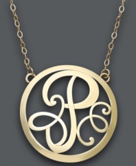 Trend setting style. This popular pendant combines a sweet scrolling design with the letter P. Circular setting and chain crafted in 14k gold. Approximate length: 17 inches. Approximate drop: 1 inch.