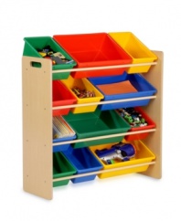 Play on! The perfect solution to bring order to the big, busy world of your little ones. Twelve colorful bins of varying sizes add a bright addition and make organizing fun, quickly tidying up a very lived-in space. Bins easily remove from shelves to make clean-up time fast and hassle-free. Limited lifetime warranty.