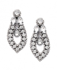 Victorian elegance equals vintage appeal. Bar III's antique-inspired drop earrings shine with the addition of sparkling clear crystals set in silver tone mixed metal. Approximate drop: 3-3/4 inches.