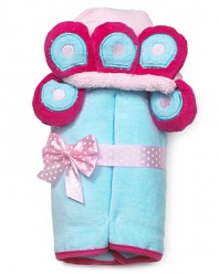 Pretty petals frame baby's face on this so-soft hooded terry towel. It comes tied up with a polka dotted bow - an adorable gift for a baby shower!