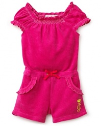 Zippy zig-zag stitching and ruffled trim prettily perk up this so-soft terry romper from Juicy Couture.