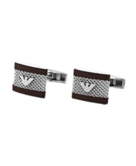 You're a sophisticated male who knows it's all in the details. Accent your wardrobe with modern cuff links by Emporio Armani that highlight the traditional eagle logo. Crafted in stainless steel mesh and brown leather.