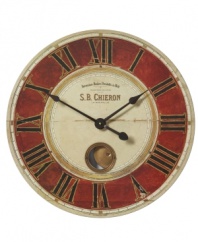 Keep fashionable time with S.B. Chieron wall clock by Uttermost. Details like internal pendulum, cast brass details and weathered, laminated clock face beautifully recall the romanticism of a bygone era.