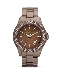 Opt for statement style with this espresso-tone watch from MICHAEL Michael Kors, featuring three hand movement and a glitzy, crystal encrusted dial.