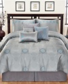 Up to speed. Set your style on the fast track with the Velocity comforter set, featuring a futuristic lines and diamonds pattern in sleek silver and blue tones. Comes complete with coordinating shams, bedskirt and decorative pillows for the ultimate modern look.