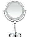 Take a good look at yourself. This classic makeup mirror, finished in polished chrome, rotates 360-degrees in its frame to provide two essential views – regular and 7X magnification – as a built-in light illuminates the details. Model BE87CR.