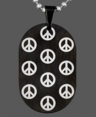 Give peace a chance. This stylish men's pendant is covered in peace sign symbols. Crafted in black ion-plated stainless steel and stainless steel. Comes with a matching bead chain. Approximate length: 24 inches. Approximate drop length: 1-7/10 inches. Approximate drop width: 1 inch.
