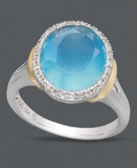 Express your style loud and clear with this bold blue ring. This statement-making style boasts a round-cut blue agate center stone (3-5/8 ct. t.w.) encircled by round-cut diamonds (1/10 ct. t.w.). Crafted in sterling silver with 14k gold accents. Size 7.