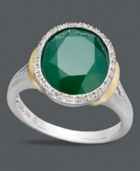 Make an enviable style statement. This head-turning ring highlights a round-cut green agate (3-5/8 ct. t.w.) surrounded by round-cut diamonds (1/10 ct. t.w.). Crafted in sterling silver with 14k gold accents at the sides. Size 7.