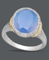 Bold in blue. Turn heads in this statement-making style that features round-cut blue agate (3-5/8 ct. t.w.) surrounded by round-cut diamonds (1/10 ct. t.w.). Crafted in sterling silver with 14k gold accents at the sides. Size 7.
